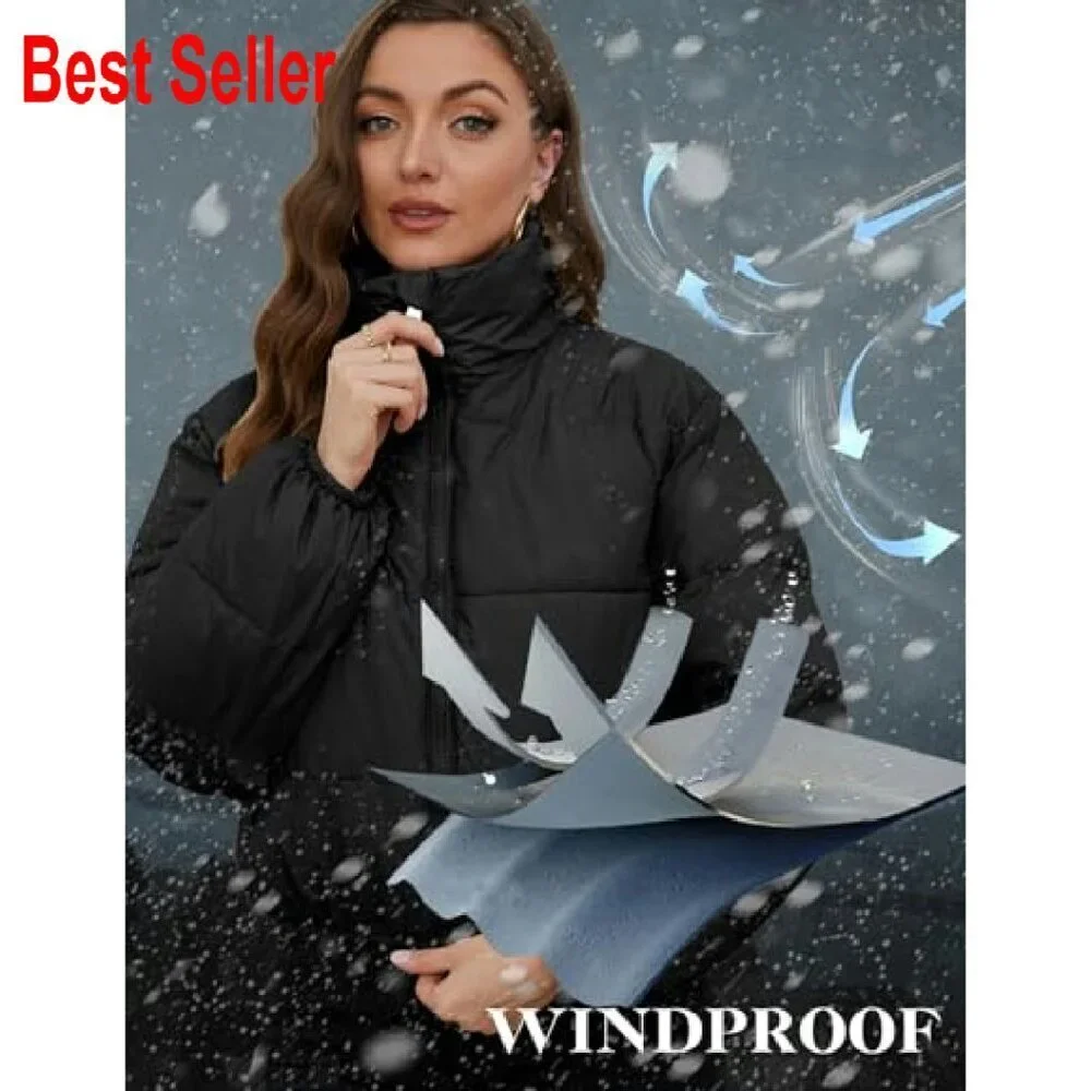 Cropped Puffer Jacket Quilted Lightweight Stand Collar Full Zip Chic Winter